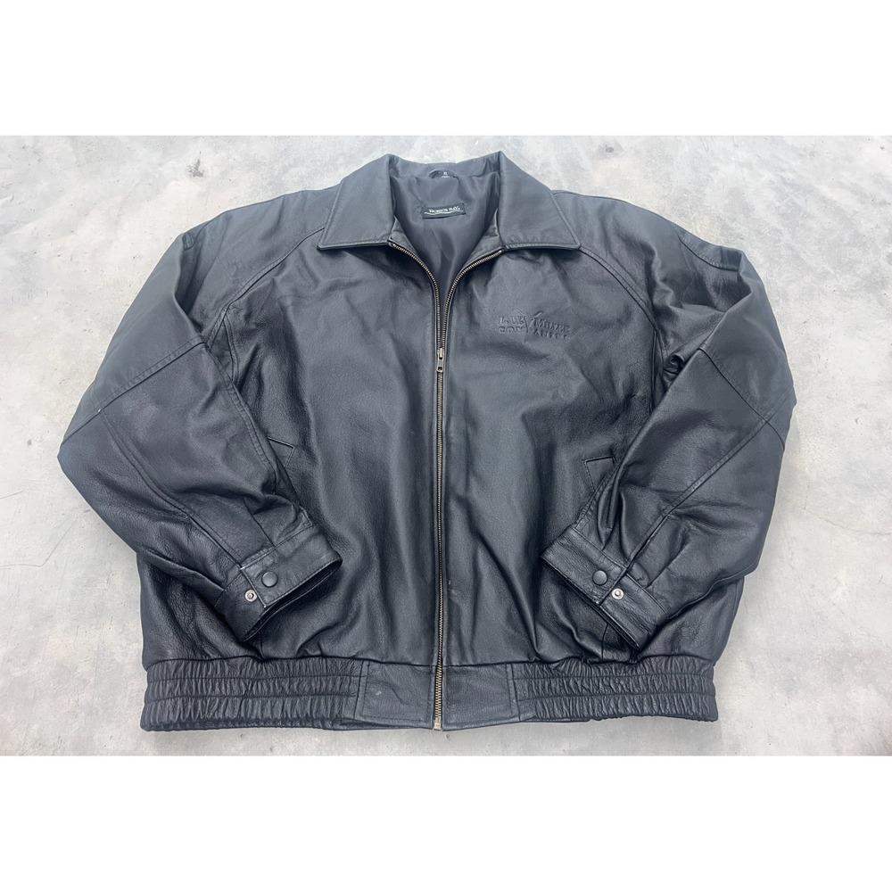 Vintage Burk's Bay Bomber Jacket Mens XL Black Leather Full Zip L.W. Miller Logo